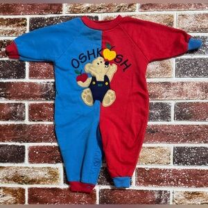 Vintage OshKosh USA color block teddy bear apple romper 6-9m